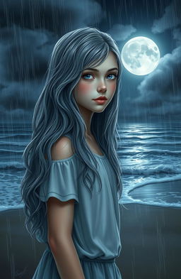 A realistic portrayal of a teenage girl with long, wavy gray hair and striking blue eyes