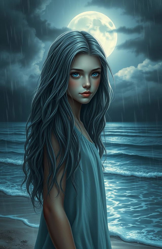 A realistic portrayal of a teenage girl with long, wavy gray hair and striking blue eyes