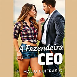 A book cover featuring a beautiful 18-year-old woman with long hair and a curvy figure, wearing short denim shorts and a plaid shirt
