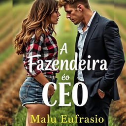 A book cover featuring a beautiful 18-year-old woman with long hair and a curvy figure, wearing short denim shorts and a plaid shirt