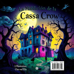 The back cover design for a book titled 'La Maldición de la Casa Crow' in a surreal style