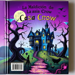 The back cover design for a book titled 'La Maldición de la Casa Crow' in a surreal style
