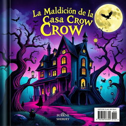 The back cover design for a book titled 'La Maldición de la Casa Crow' in a surreal style