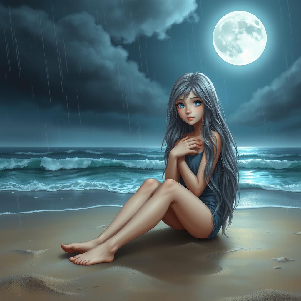 A realistic depiction of a teenage girl with long, flowing gray hair and captivating blue eyes, sitting on the sand of a deserted beach