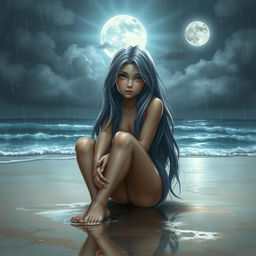 A realistic depiction of a teenage girl with long, flowing gray hair and captivating blue eyes, sitting on the sand of a deserted beach