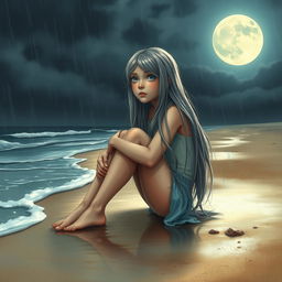 A realistic depiction of a teenage girl with long, flowing gray hair and striking blue eyes, sitting on the sandy shore of a desolate beach