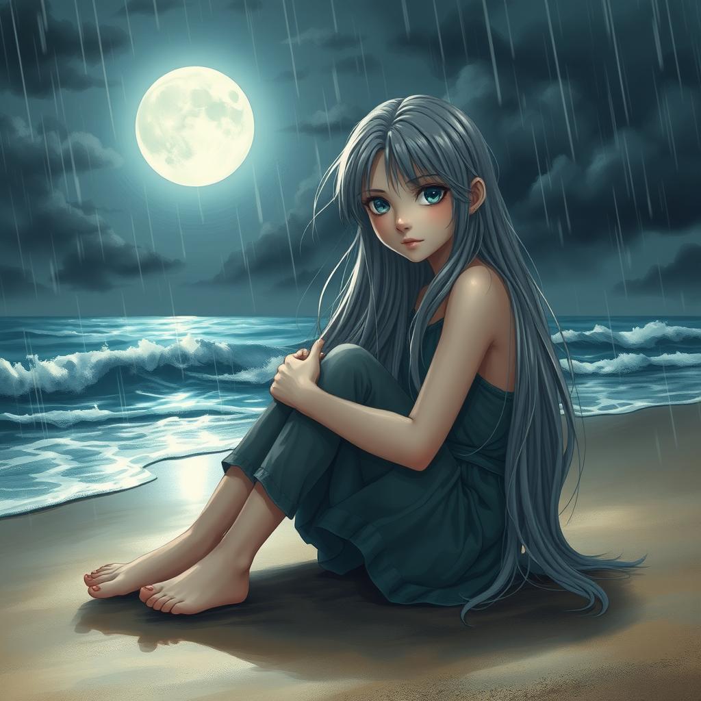 A realistic depiction of a teenage girl with long, flowing gray hair and striking blue eyes, sitting on the sandy shore of a desolate beach