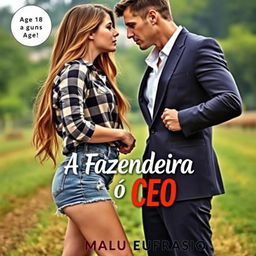 A romantic book cover featuring a beautiful young woman, age 18, with long hair cascading down to her waist, a curvy figure dressed in short denim shorts and a plaid shirt