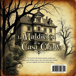 The back cover design for a book titled 'La Maldición de la Casa Crow' in a vintage style