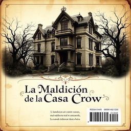 The back cover design for a book titled 'La Maldición de la Casa Crow' in a vintage style