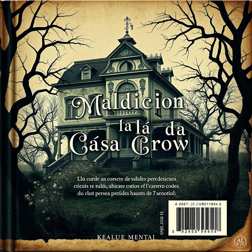 The back cover design for a book titled 'La Maldición de la Casa Crow' in a vintage style