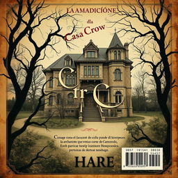 The back cover design for a book titled 'La Maldición de la Casa Crow' in a vintage style