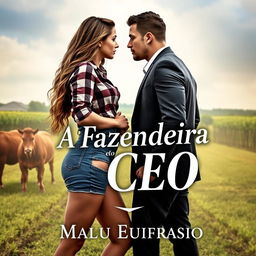 A romantic book cover featuring a beautiful young woman, 18 years old, with long hair cascading to her waist and a curvy figure