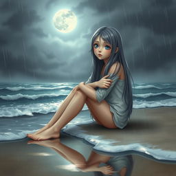 A realistic portrayal of a teenage girl with long, soft gray hair and vibrant blue eyes, sitting on a sandy beach under a gloomy sky