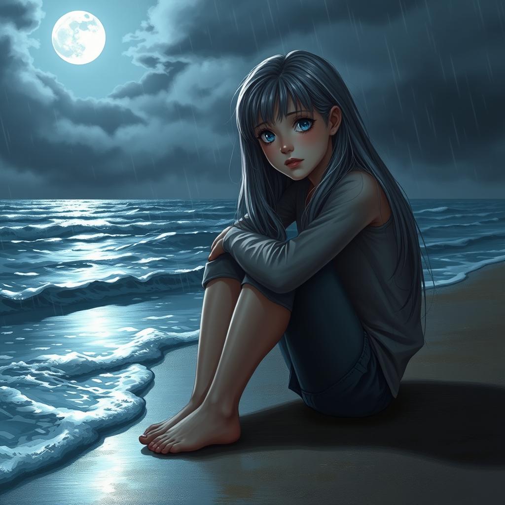 A realistic portrayal of a teenage girl with long, soft gray hair and vibrant blue eyes, sitting on a sandy beach under a gloomy sky