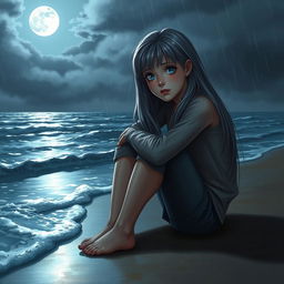 A realistic portrayal of a teenage girl with long, soft gray hair and vibrant blue eyes, sitting on a sandy beach under a gloomy sky