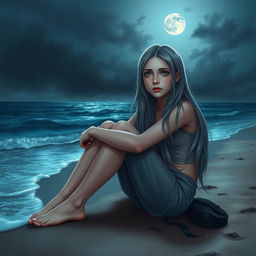 A realistic portrayal of a teenage girl with long, soft gray hair and vibrant blue eyes, sitting on a sandy beach under a gloomy sky