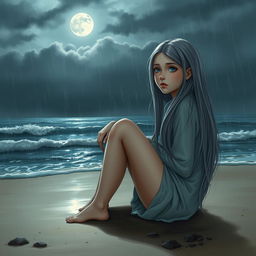 A realistic portrayal of a teenage girl with long, soft gray hair and vibrant blue eyes, sitting on a sandy beach under a gloomy sky