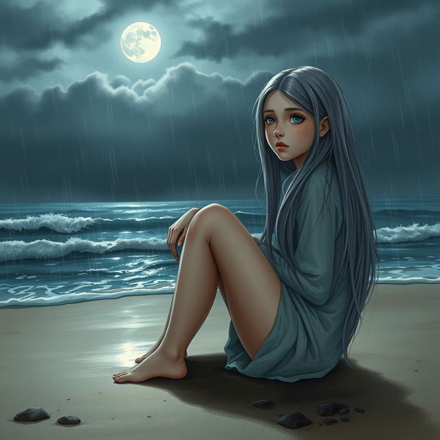 A realistic portrayal of a teenage girl with long, soft gray hair and vibrant blue eyes, sitting on a sandy beach under a gloomy sky