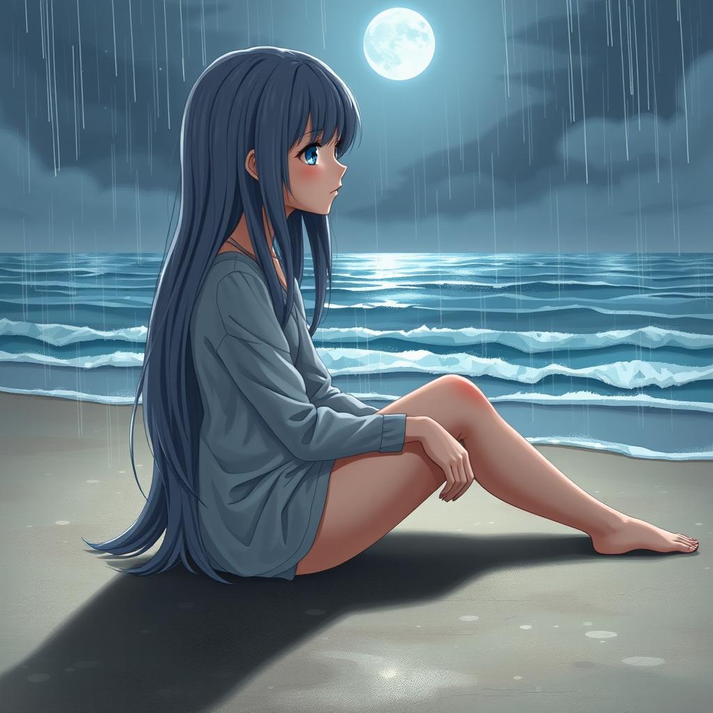 A realistic illustration of a teenage girl with long, silky gray hair and deep blue eyes, sitting on the wet sand of a silent beach