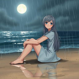 A realistic illustration of a teenage girl with long, silky gray hair and deep blue eyes, sitting on the wet sand of a silent beach