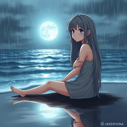 A realistic illustration of a teenage girl with long, silky gray hair and deep blue eyes, sitting on the wet sand of a silent beach