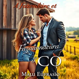 A romantic book cover depicting a stunning young female farmer, 18 years old, with long, flowing hair that reaches her waist and a curvy figure