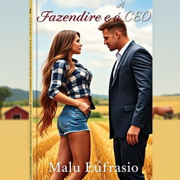 A romantic book cover depicting a stunning young female farmer, 18 years old, with long, flowing hair that reaches her waist and a curvy figure