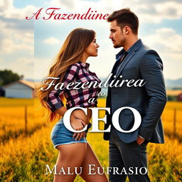 A romantic book cover depicting a stunning young female farmer, 18 years old, with long, flowing hair that reaches her waist and a curvy figure
