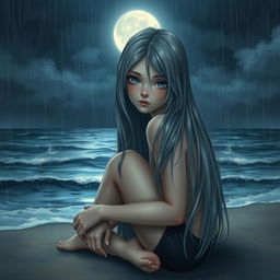 A realistic depiction of a teenage girl with long, smooth gray hair and striking blue eyes, set against the backdrop of a vast ocean under a night sky