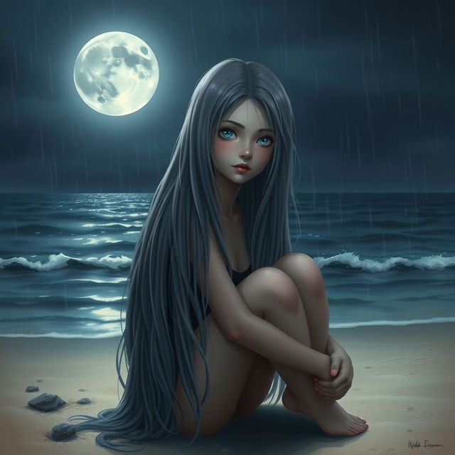 A realistic depiction of a teenage girl with long, smooth gray hair and striking blue eyes, set against the backdrop of a vast ocean under a night sky