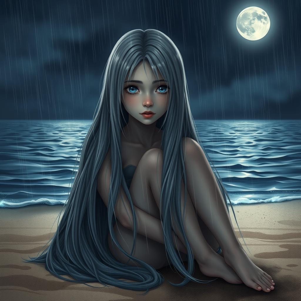 A realistic depiction of a teenage girl with long, smooth gray hair and striking blue eyes, set against the backdrop of a vast ocean under a night sky