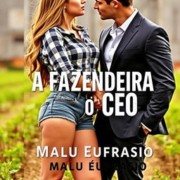 A romantic book cover featuring a beautiful young female farmer, aged 18, with long hair cascading down to her waist, showcasing a confident and serious expression