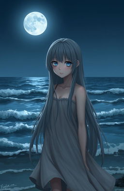 A realistic character design of a teenage girl with long gray hair and sad blue eyes, standing by the moonlit sea