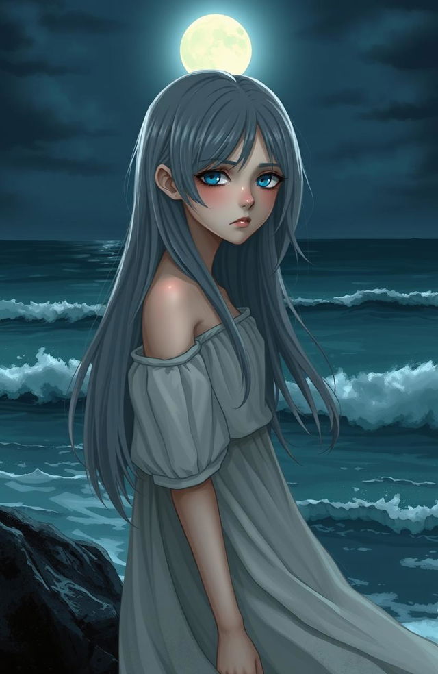 A realistic character design of a teenage girl with long gray hair and sad blue eyes, standing by the moonlit sea