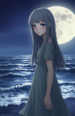 A realistic character design of a teenage girl with long gray hair and sad blue eyes, standing by the moonlit sea