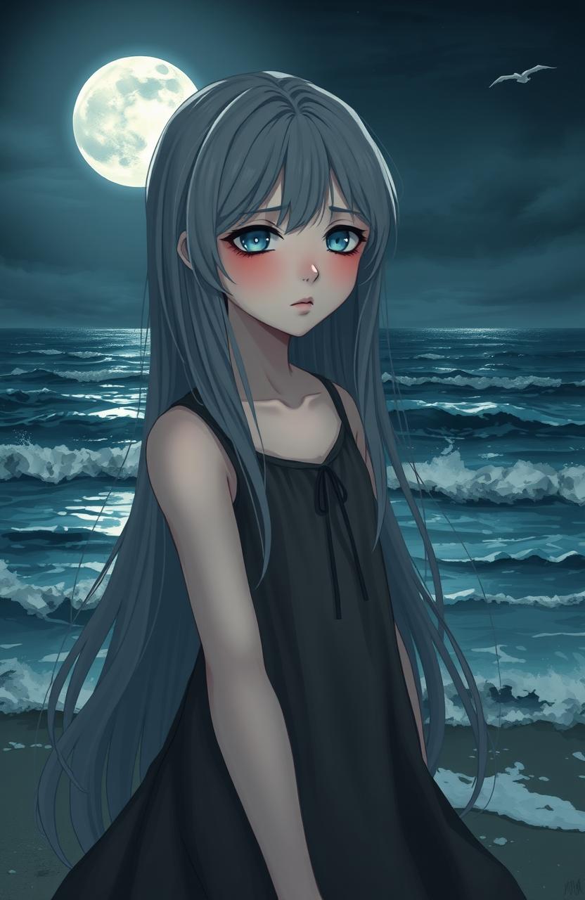 A realistic character design of a teenage girl with long gray hair and sad blue eyes, standing by the moonlit sea