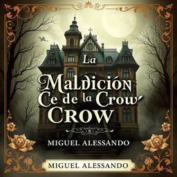 The front cover design for a book titled 'La Maldición de la Casa Crow', authored by Miguel Alessandro, in a vintage style