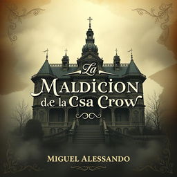 The front cover design for a book titled 'La Maldición de la Casa Crow', authored by Miguel Alessandro, in a vintage style