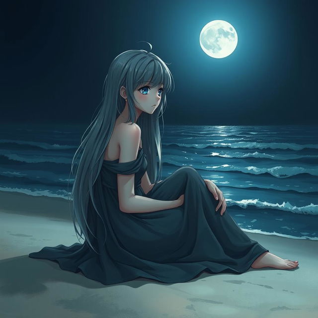 A realistic character design of a teenage girl with long gray hair and sad blue eyes, sitting by the moonlit sea