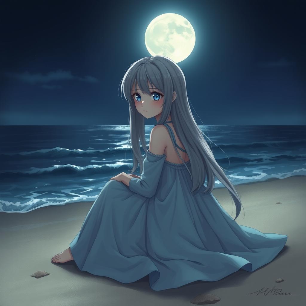 A realistic character design of a teenage girl with long gray hair and sad blue eyes, sitting by the moonlit sea