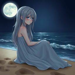 A realistic character design of a teenage girl with long gray hair and sad blue eyes, sitting by the moonlit sea