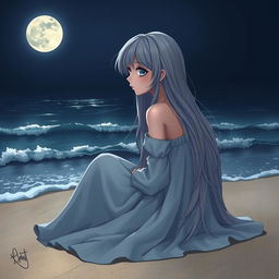 A realistic character design of a teenage girl with long gray hair and sad blue eyes, sitting by the moonlit sea
