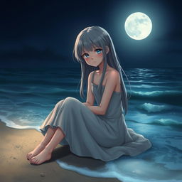 A realistic character design of a teenage girl with long gray hair and sad blue eyes, sitting on the shore by the moonlit sea