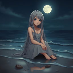 A realistic character design of a teenage girl with long gray hair and sad blue eyes, sitting on the shore by the moonlit sea