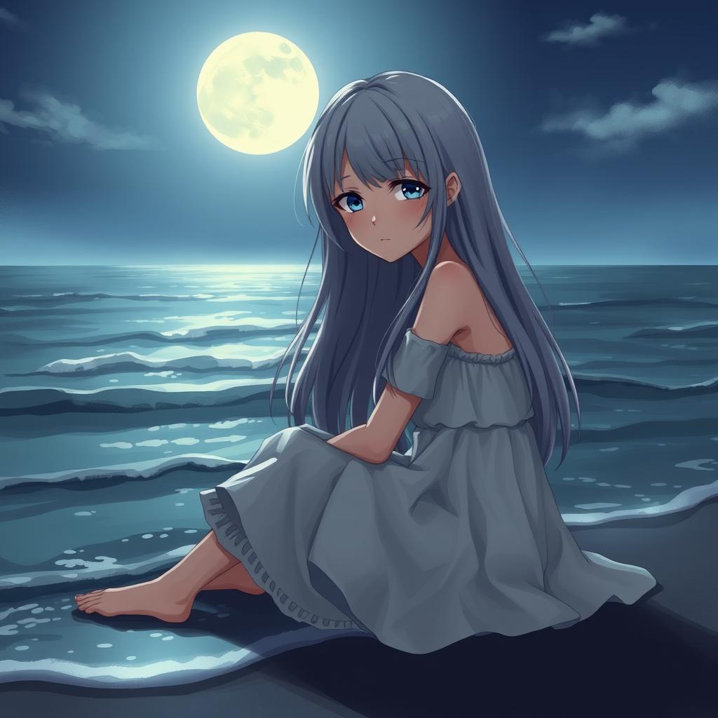 A realistic character design of a teenage girl with long gray hair and sad blue eyes, sitting on the shore by the moonlit sea