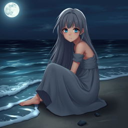 A realistic character design of a teenage girl with long gray hair and sad blue eyes, sitting on the shore by the moonlit sea