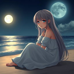 A realistic character design of a teenage girl with long gray hair and sad blue eyes, sitting on the beach beneath a bright full moon