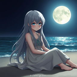A realistic character design of a teenage girl with long gray hair and sad blue eyes, sitting on the beach beneath a bright full moon