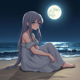 A realistic character design of a teenage girl with long gray hair and sad blue eyes, sitting on the beach beneath a bright full moon